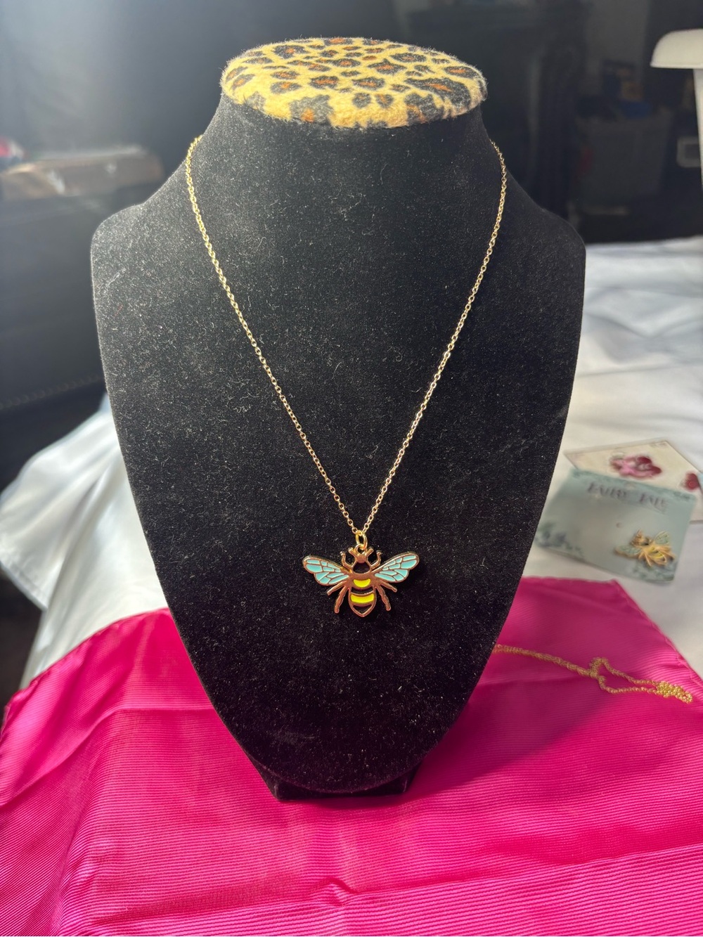 New Gold Bee Pendant Necklace with Turquoise Enamel Wings - Women Jewelry